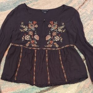 Y2k American Eagle Embroidered Floral top Bell Sleeve Babydoll Top XS Boho